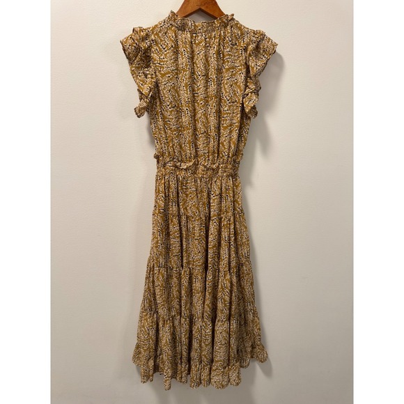 Pinch Mustard Yellow Botanical Print Smocked Ruffled Tiered Midi Dress Women's S - Picture 3 of 5